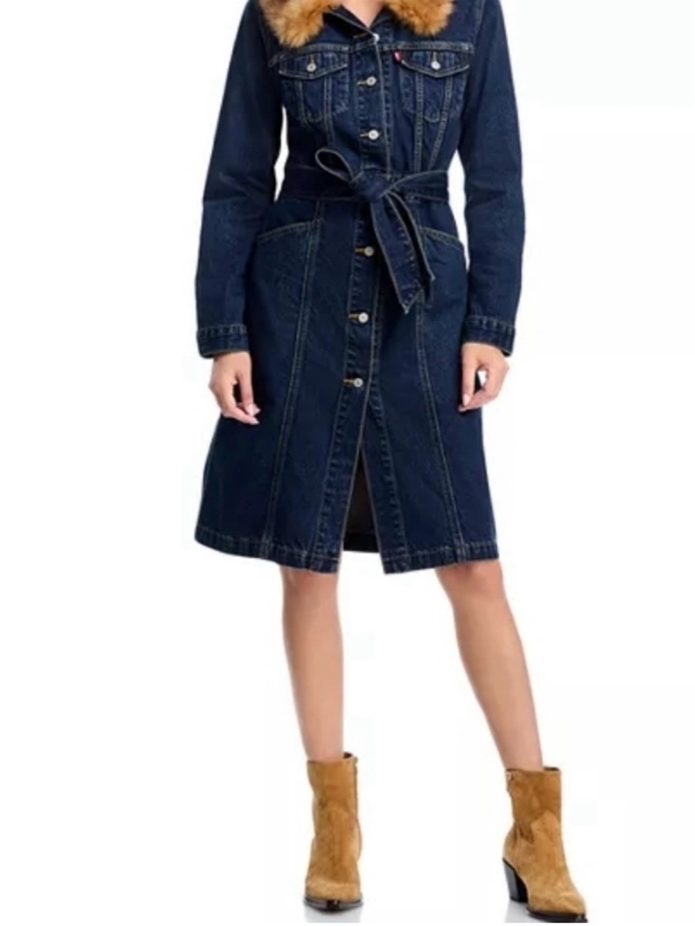 Levi's Dark Blue Denim FUR trimmed trucker dress NWT SIZE SMALL